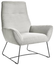 Moderner Sessel mit geripptem Stoffbezug und Metallgestell, seitliche Perspektive