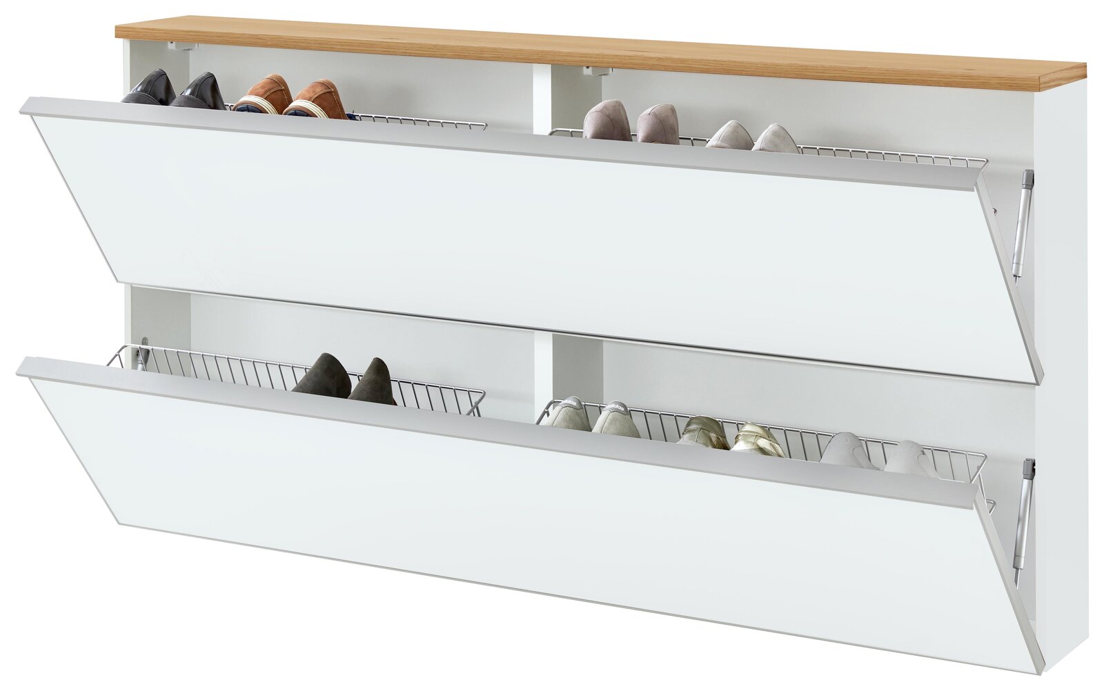 Weißer Schuhkipper mit zwei Klappfächern, Drahtkörben und Holzdeckplatte, geöffnet und mit Schuhen bestückt, in schräger Frontansicht.