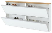Weißer Schuhkipper mit zwei Klappfächern, Drahtkörben und Holzdeckplatte, geöffnet und mit Schuhen bestückt, in schräger Frontansicht.