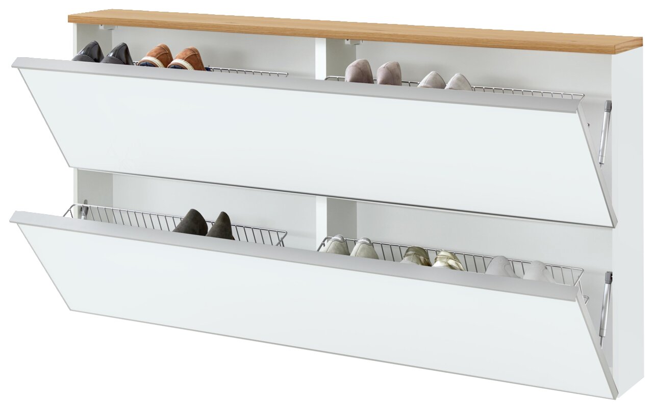 Weißer Schuhkipper mit zwei Klappfächern, Drahtkörben und Holzdeckplatte, geöffnet und mit Schuhen bestückt, in schräger Frontansicht.