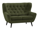 Grünes 2-Sitzer-Sofa mit Knopfheftung und schwarzen Beinen, Vorderansicht