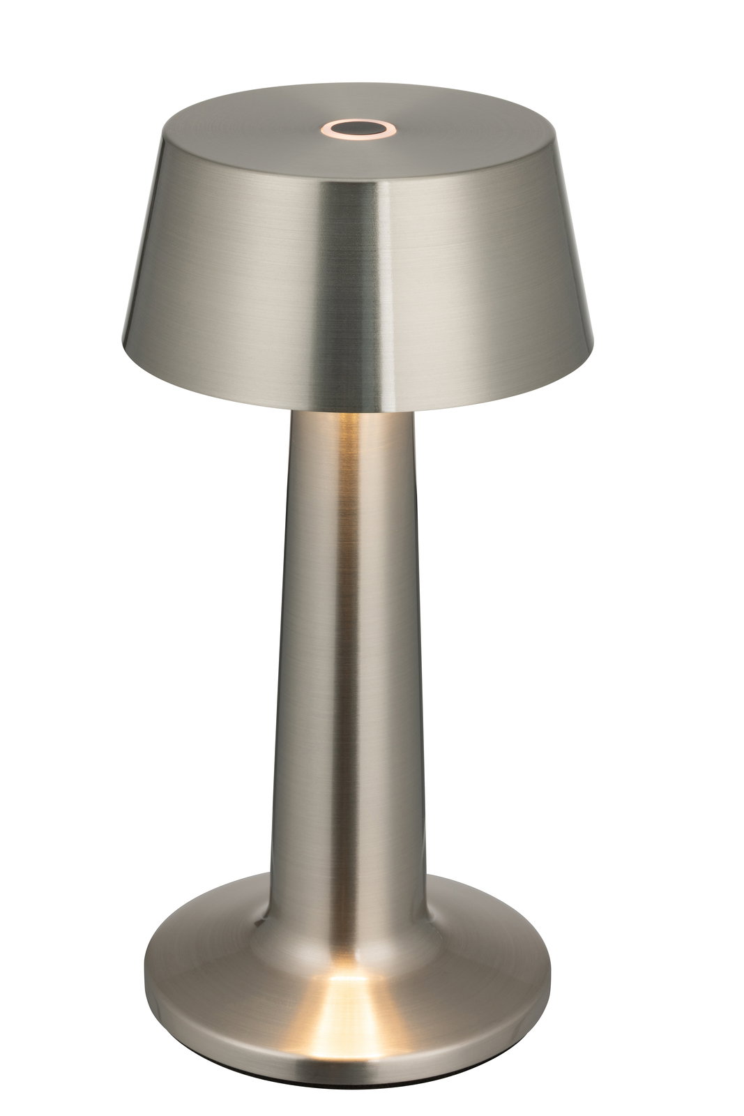 Novel Akku-Tischleuchte Moderne Akku-Tischleuchte aus gebürstetem Metall in Frontalansicht