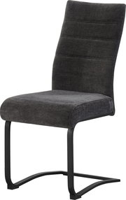 Dunkelgrauer Polsterstuhl mit hoher, leicht geschwungener Rückenlehne und schwarzem Freischwinger-Metallgestell, in schräger Vorderansicht vor weißem Hintergrund