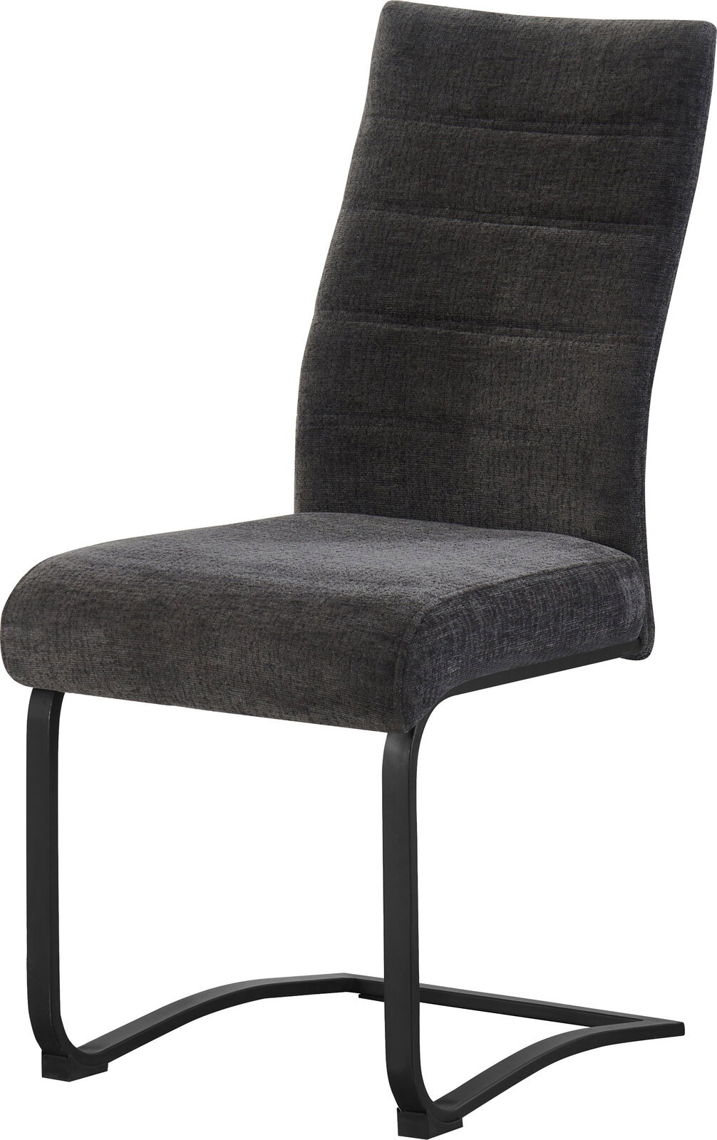 Dunkelgrauer Polsterstuhl mit hoher, leicht geschwungener Rückenlehne und schwarzem Freischwinger-Metallgestell, in schräger Vorderansicht vor weißem Hintergrund