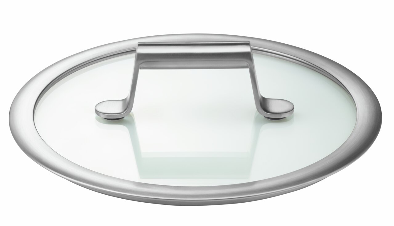 Topfdeckel aus Glas und Edelstahl, seitliche Perspektive