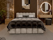 Frontale Ansicht eines stilvollen Polsterbettgestells in einem modernen Schlafzimmer mit eleganter Dekoration und Beleuchtung.