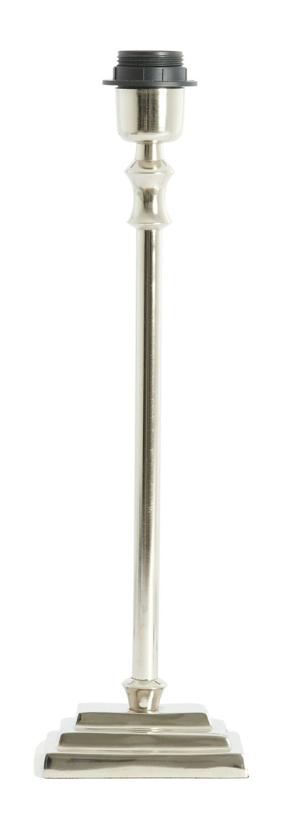 Eleganter Lampenfuß aus Nickel, 38 cm hoch, frontal abgebildet.