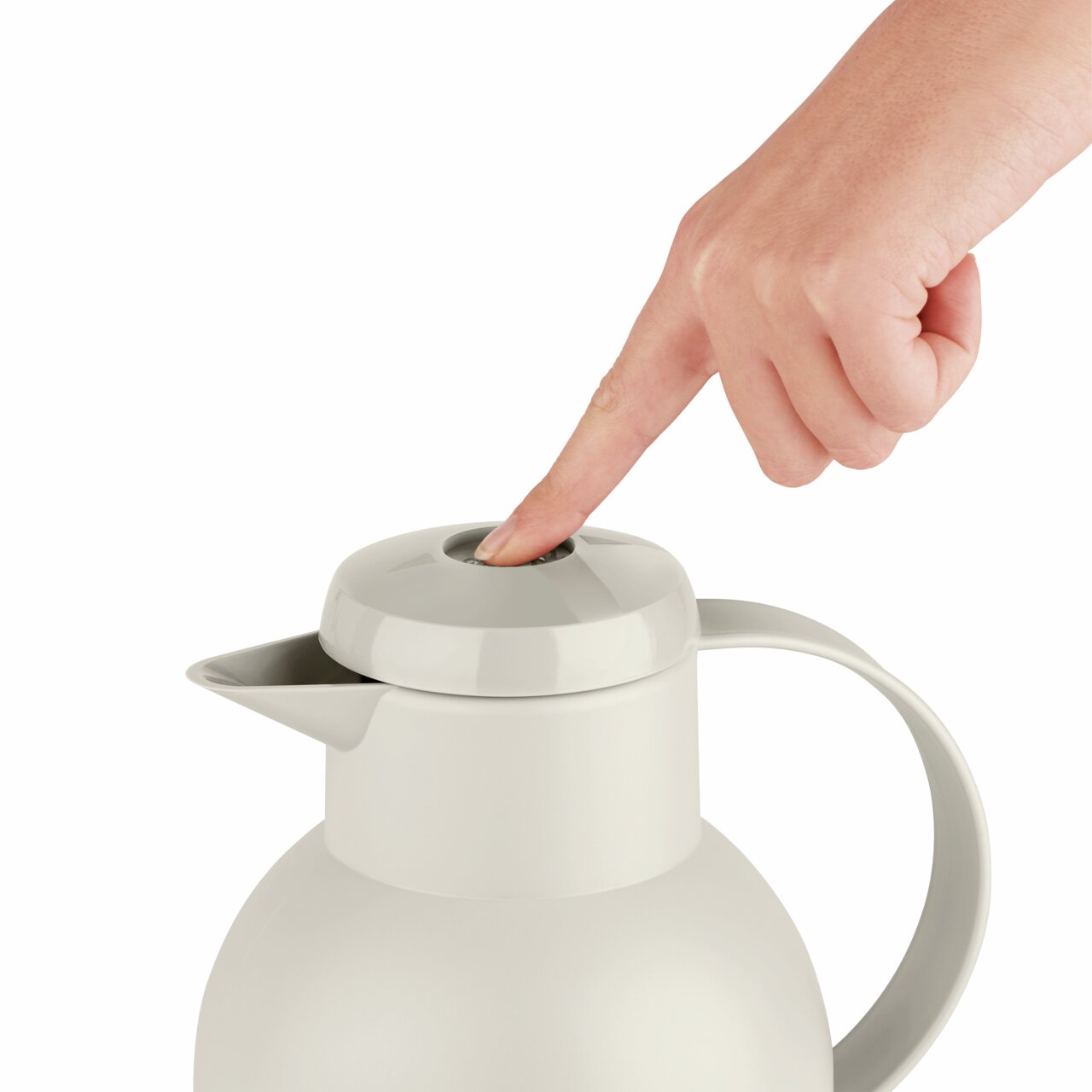 Graue Isolierkanne SAMBA 1L mit ergonomischem Griff und Druckknopfdeckel, seitliche Perspektive