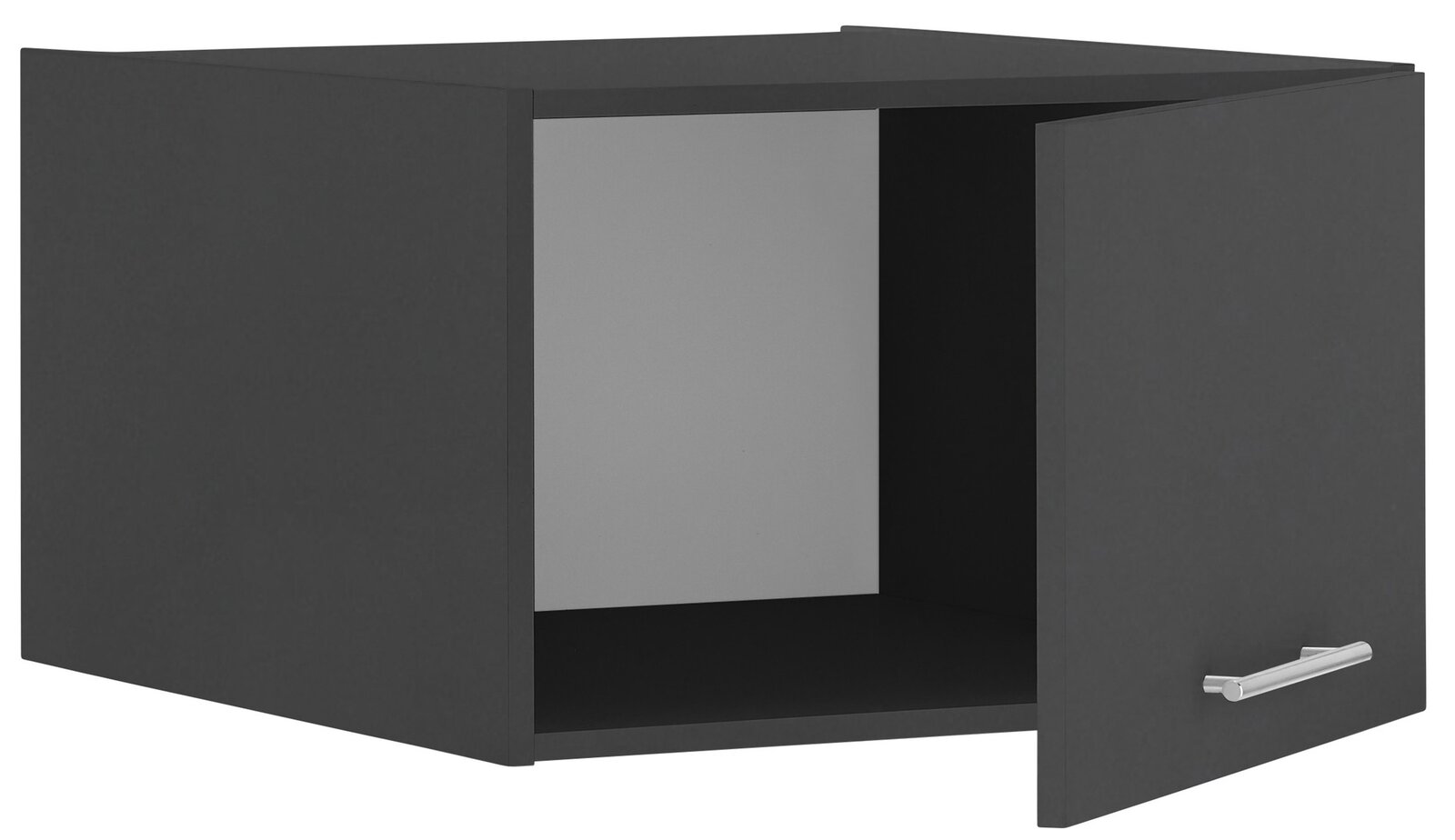 Schwarzer Aufsatzschrank mit geöffneter Tür, seitliche Perspektive
