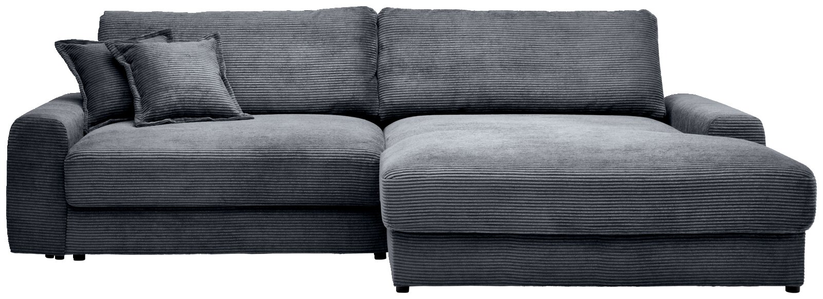 Dunkelgraues Cord-Ecksofa mit Recamiere rechts, breiten Armlehnen und zwei Kissen, Frontansicht leicht von oben