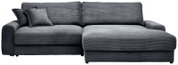 Dunkelgraues Cord-Ecksofa mit Recamiere rechts, breiten Armlehnen und zwei Kissen, Frontansicht leicht von oben