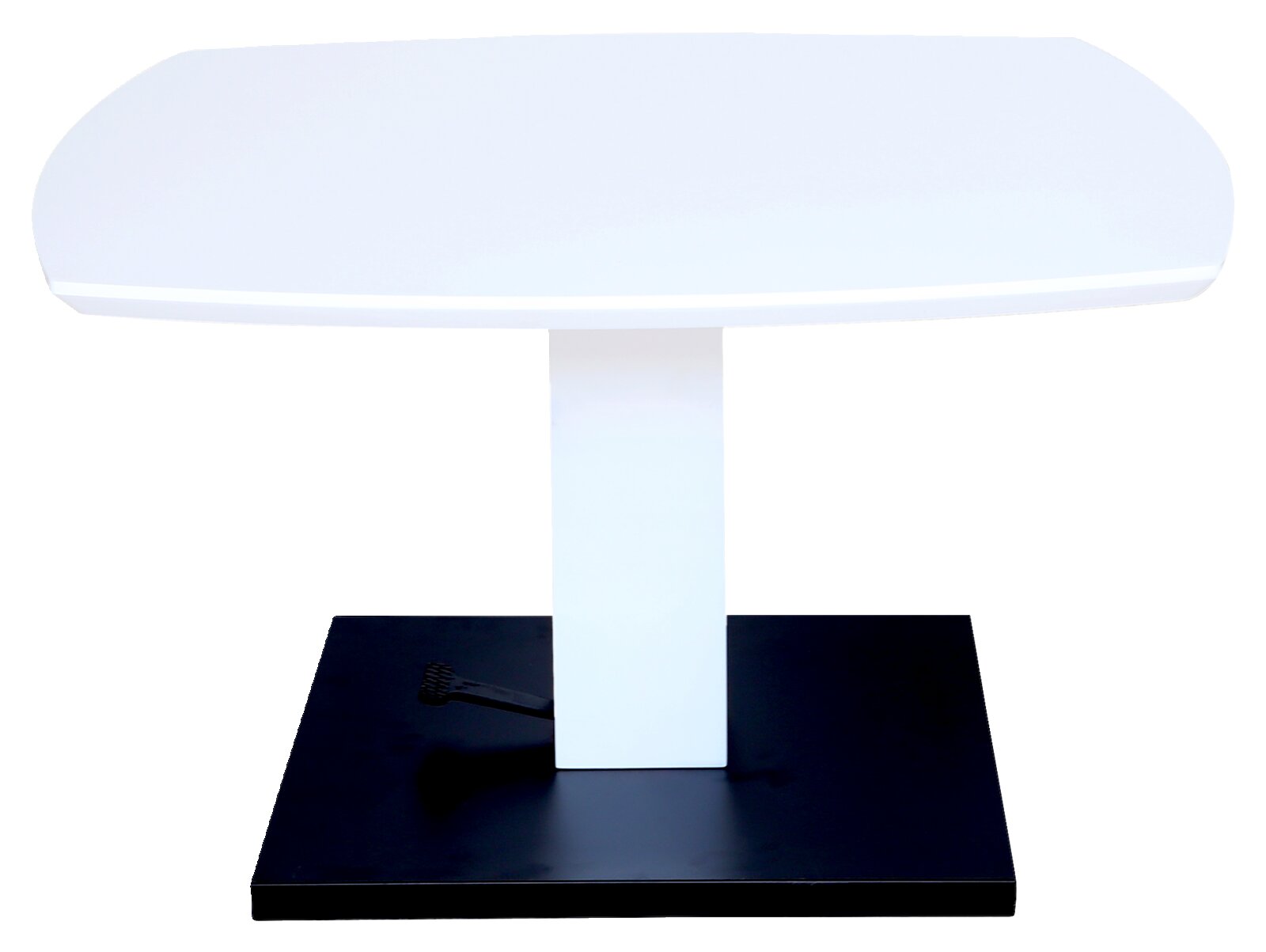 Moderner weißer Couchtisch mit quadratischer Tischplatte und schwarzem Sockel, Frontalansicht