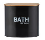 Schwarze Badbox mit Holzdeckel, Aufschrift 'BATH KEEP CLEAN', frontale Ansicht