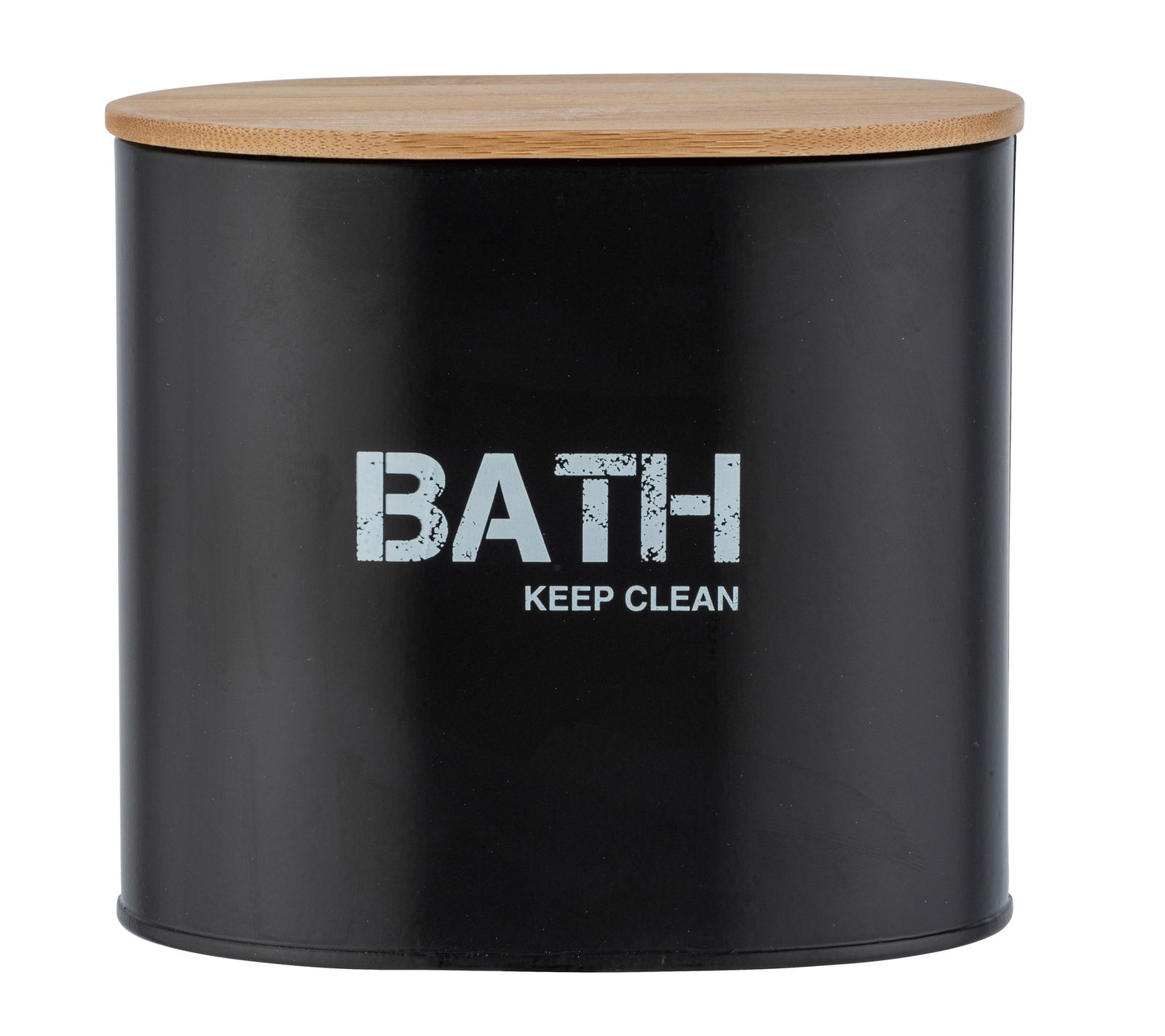 Schwarze Badbox mit Holzdeckel, Aufschrift 'BATH KEEP CLEAN', frontale Ansicht