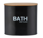 Schwarze Badbox mit Holzdeckel, Aufschrift 'BATH KEEP CLEAN', frontale Ansicht