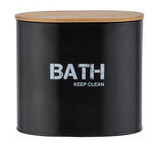 Schwarze Badbox mit Holzdeckel, Aufschrift 'BATH KEEP CLEAN', frontale Ansicht