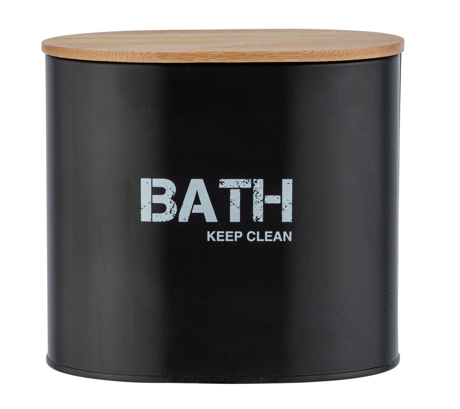Schwarze Badbox mit Holzdeckel, Aufschrift 'BATH KEEP CLEAN', frontale Ansicht