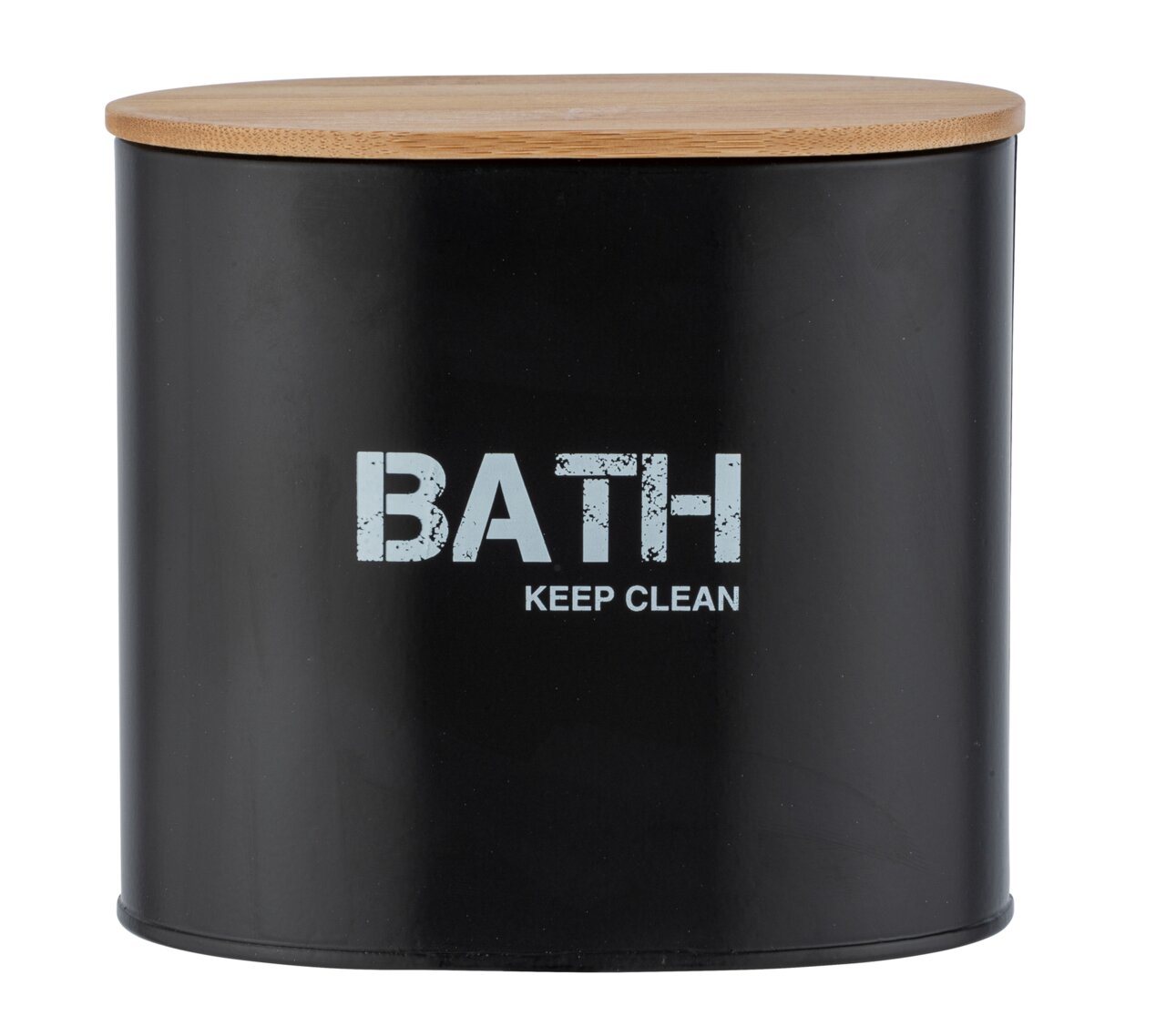 Schwarze Badbox mit Holzdeckel, Aufschrift 'BATH KEEP CLEAN', frontale Ansicht