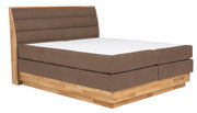 Boxspringbett in Seitenansicht mit braunem Stoffbezug und Holzrahmen