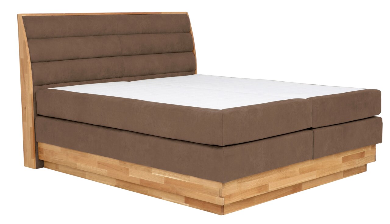 Z2 Boxspringbett MARISSA Boxspringbett in Seitenansicht mit braunem Stoffbezug und Holzrahmen