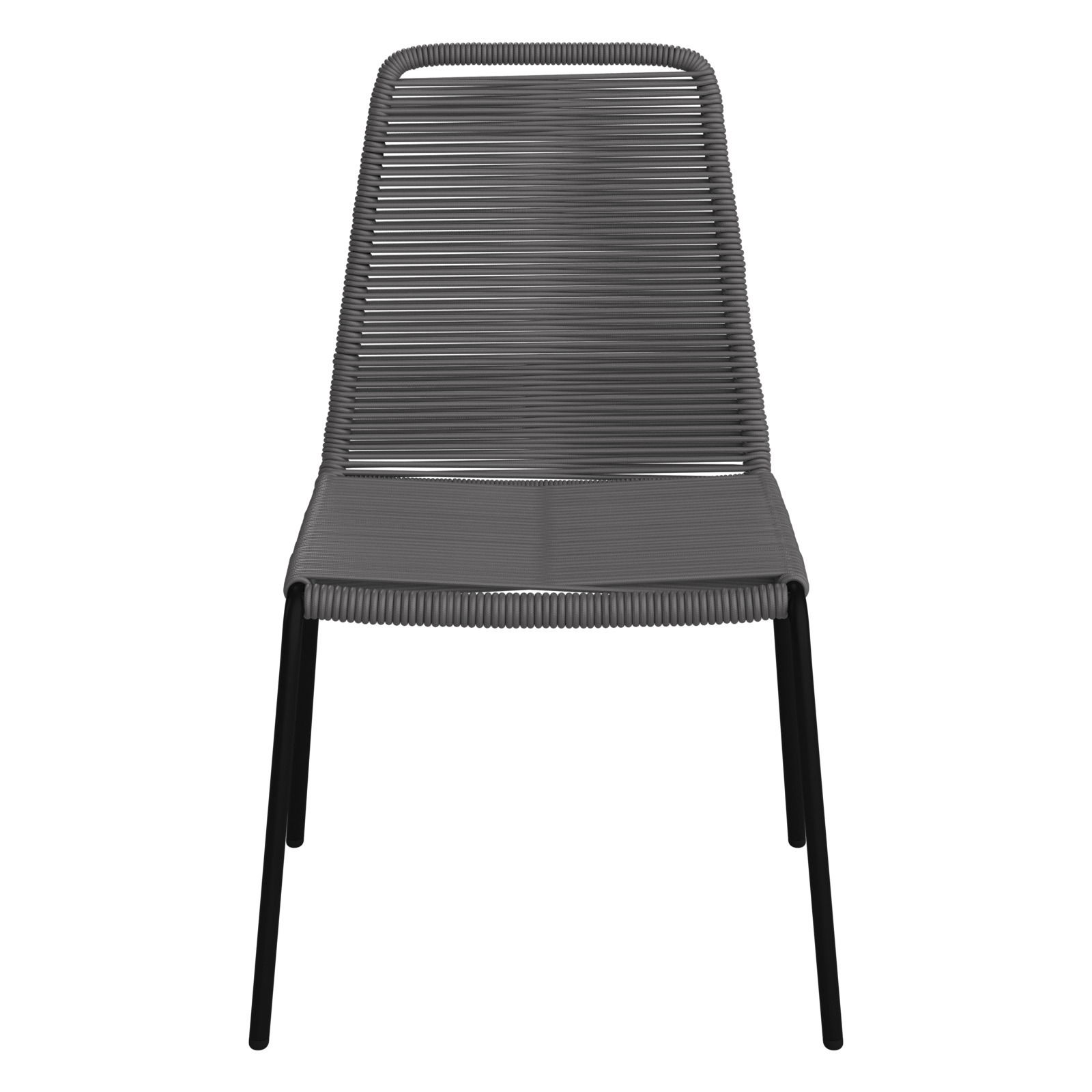 Moderner grauer Stapelstuhl aus Kunststoffgeflecht, Vorderansicht