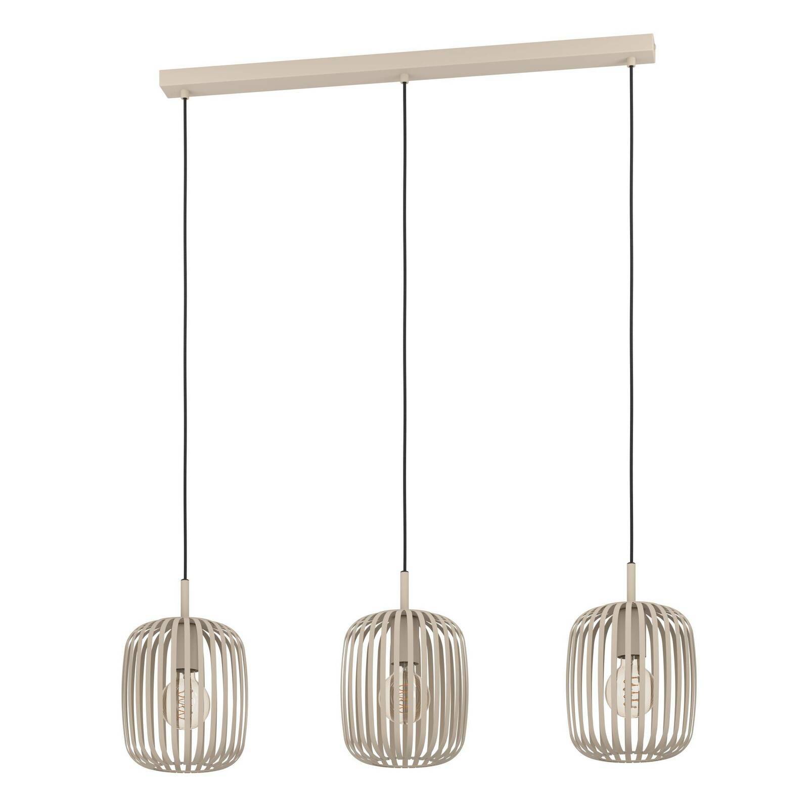 Dreiflammige Pendelleuchte ROMAZZINA in moderner Käfigoptik, beige, aus der Frontalperspektive.