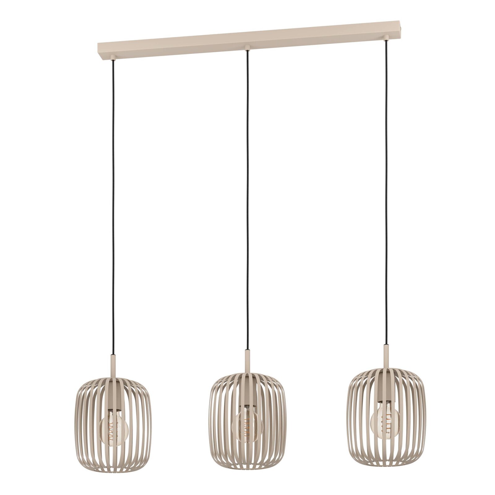 Eglo Leuchten Pendelleuchte ROMAZZINA Dreiflammige Pendelleuchte ROMAZZINA in moderner Käfigoptik, beige, aus der Frontalperspektive.