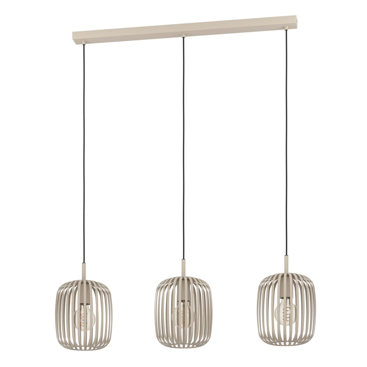 Dreiflammige Pendelleuchte ROMAZZINA in moderner Käfigoptik, beige, aus der Frontalperspektive.