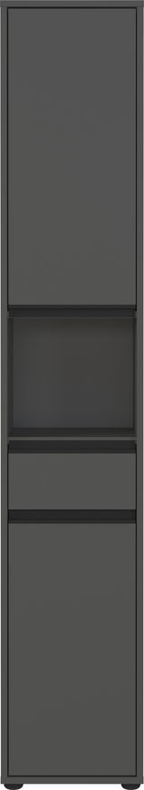 Hochschrank in dunklem Grau, frontale Ansicht mit zwei Türen und einem offenen Fach in der Mitte.