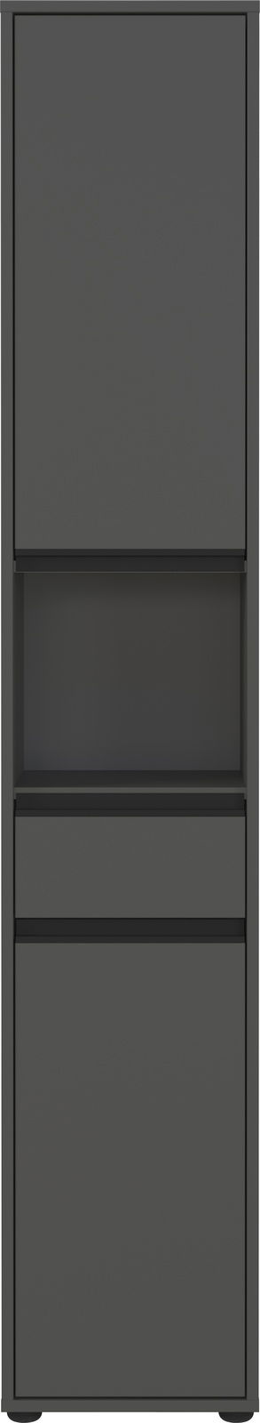Hochschrank in dunklem Grau, frontale Ansicht mit zwei Türen und einem offenen Fach in der Mitte.