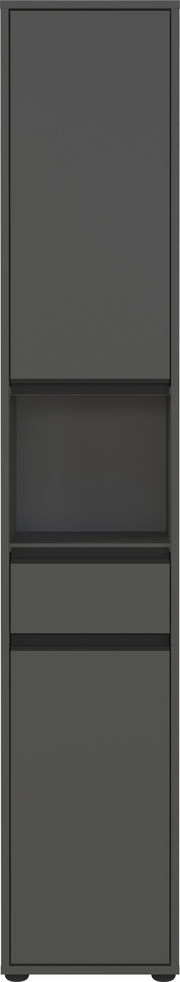 Hochschrank in dunklem Grau, frontale Ansicht mit zwei Türen und einem offenen Fach in der Mitte.