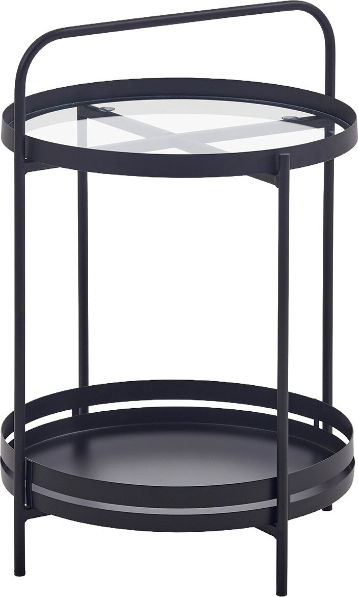 MID.YOU Couchtisch SMALL Runder, zweistöckiger Servierwagen/Beistelltisch aus schwarzem Metall mit oberer Glasablage und umlaufendem Griff, freigestellt auf weißem Hintergrund, Ansicht schräg von vorne oben