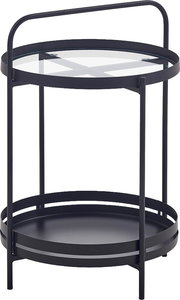 Runder, zweistöckiger Servierwagen/Beistelltisch aus schwarzem Metall mit oberer Glasablage und umlaufendem Griff, freigestellt auf weißem Hintergrund, Ansicht schräg von vorne oben