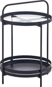 Runder, zweistöckiger Servierwagen/Beistelltisch aus schwarzem Metall mit oberer Glasablage und umlaufendem Griff, freigestellt auf weißem Hintergrund, Ansicht schräg von vorne oben