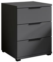 Schwarze Nachtkommode mit drei Schubladen, seitliche Perspektive