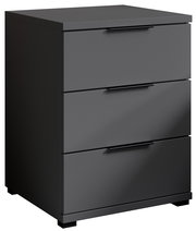 Schwarze Nachtkommode mit drei Schubladen, seitliche Perspektive