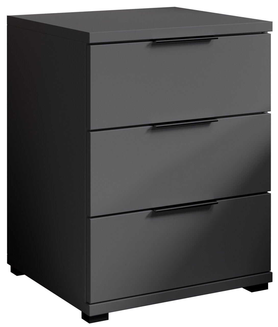 Schwarze Nachtkommode mit drei Schubladen, seitliche Perspektive