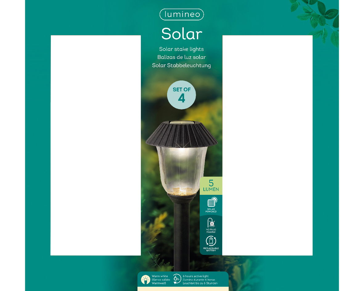 Solar Stabbeleuchtung, Set von 4, Vorderansicht, 5 Lumen, solarbetrieben, mit austauschbarer Batterie, leuchtet bis zu 6 Stunden.