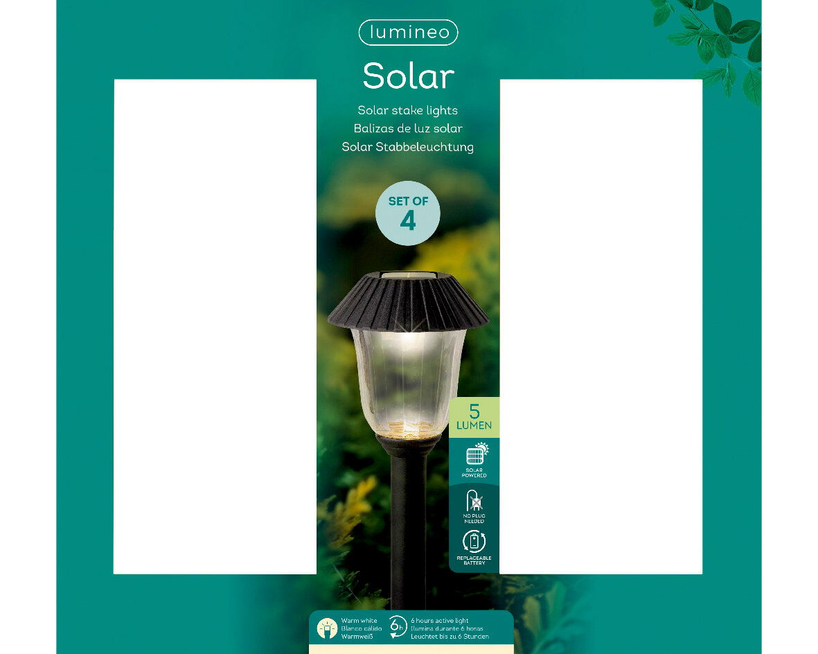 Solar Stabbeleuchtung, Set von 4, Vorderansicht, 5 Lumen, solarbetrieben, mit austauschbarer Batterie, leuchtet bis zu 6 Stunden.