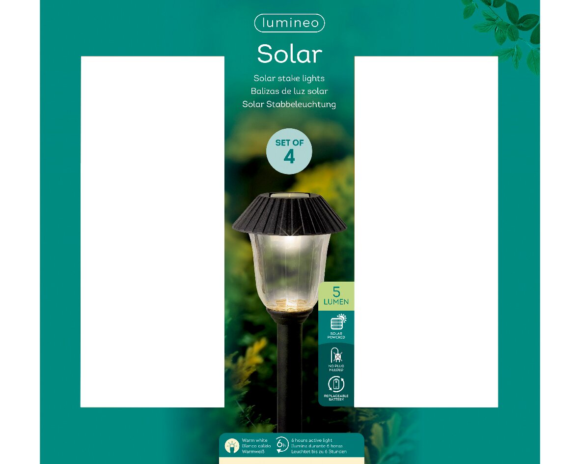 Solar Stabbeleuchtung, Set von 4, Vorderansicht, 5 Lumen, solarbetrieben, mit austauschbarer Batterie, leuchtet bis zu 6 Stunden.