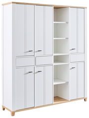 Bürokombination in Weiß mit mehreren Türen und offenen Regalfächern, seitliche Perspektive