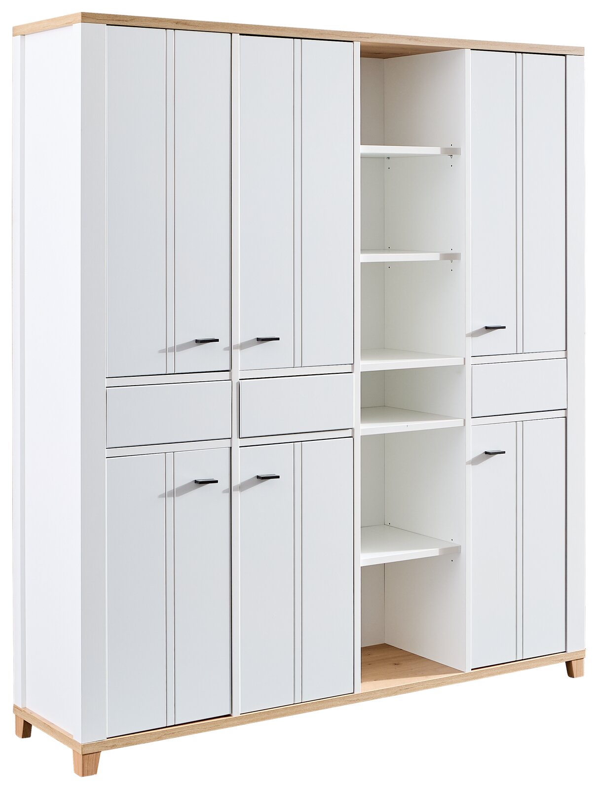 Hom´in Bürokombination HYGGE BÜRO Bürokombination in Weiß mit mehreren Türen und offenen Regalfächern, seitliche Perspektive