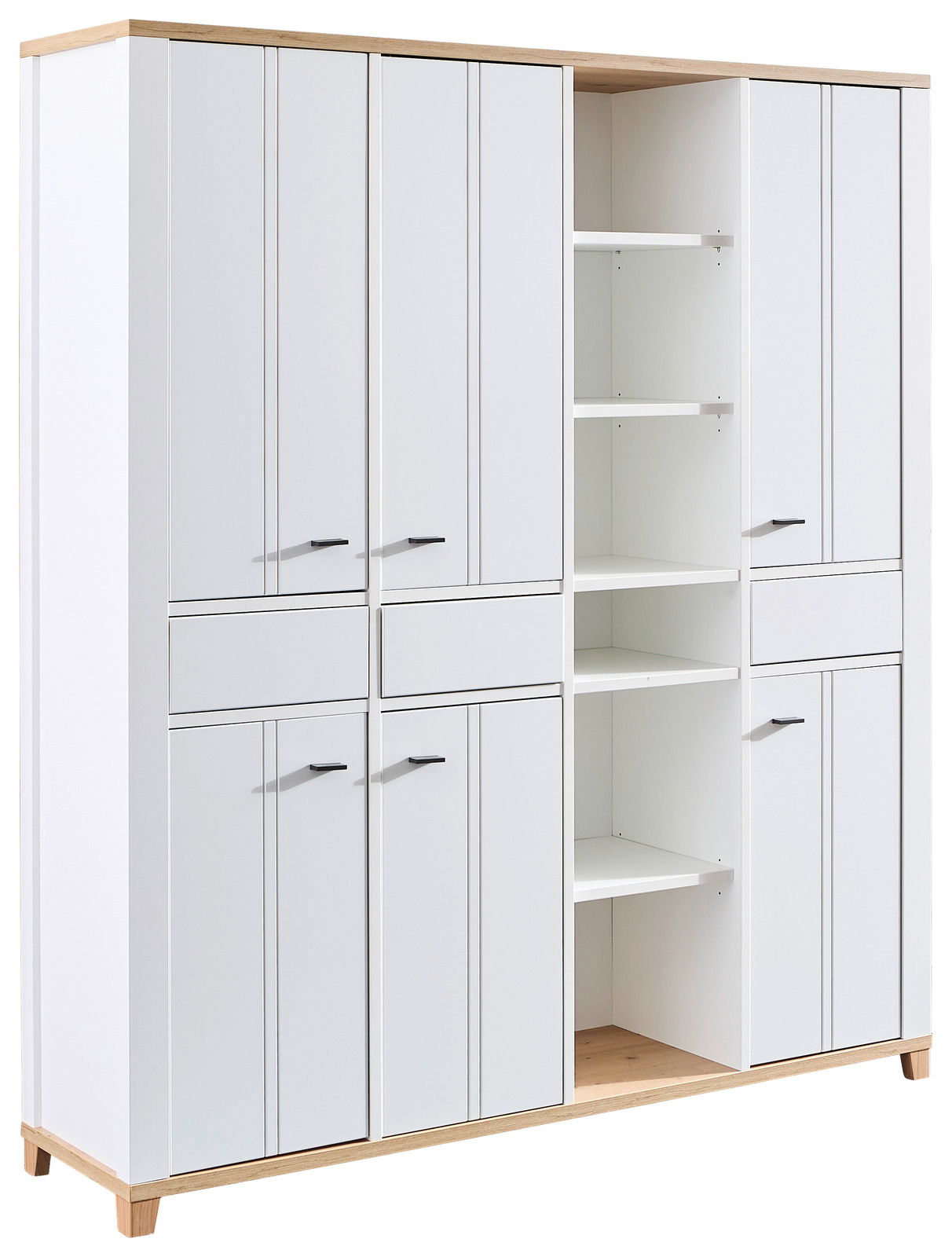 Bürokombination in Weiß mit mehreren Türen und offenen Regalfächern, seitliche Perspektive