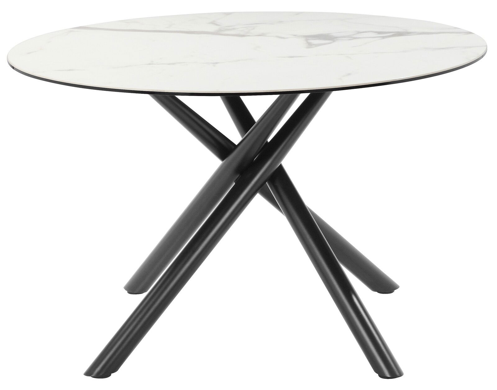Runder Esstisch mit weißer Marmoroptik-Tischplatte und schwarzen, überkreuzten Metallbeinen, seitliche Perspektive