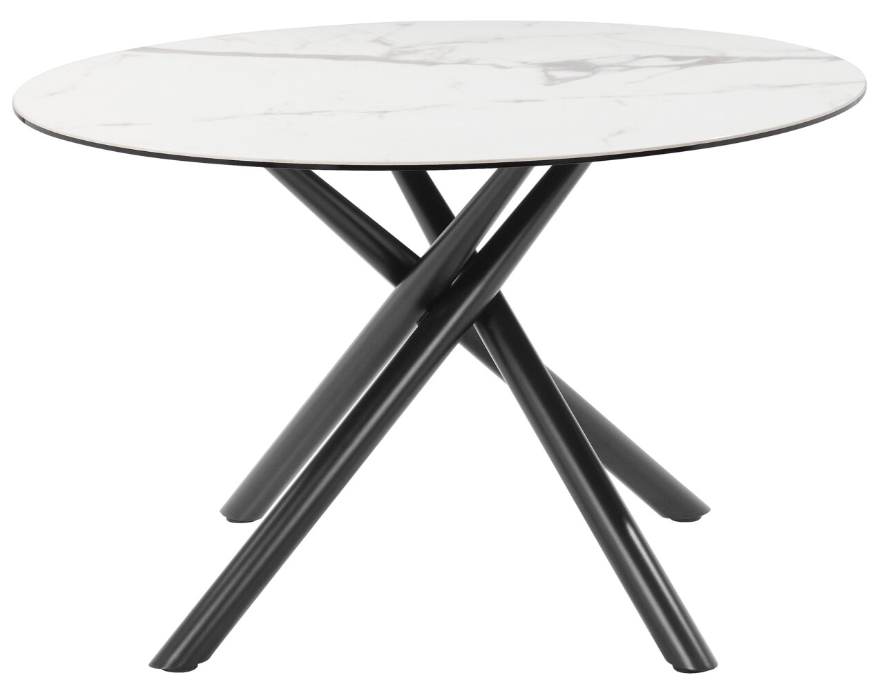 Runder Esstisch mit weißer Marmoroptik-Tischplatte und schwarzen, überkreuzten Metallbeinen, seitliche Perspektive