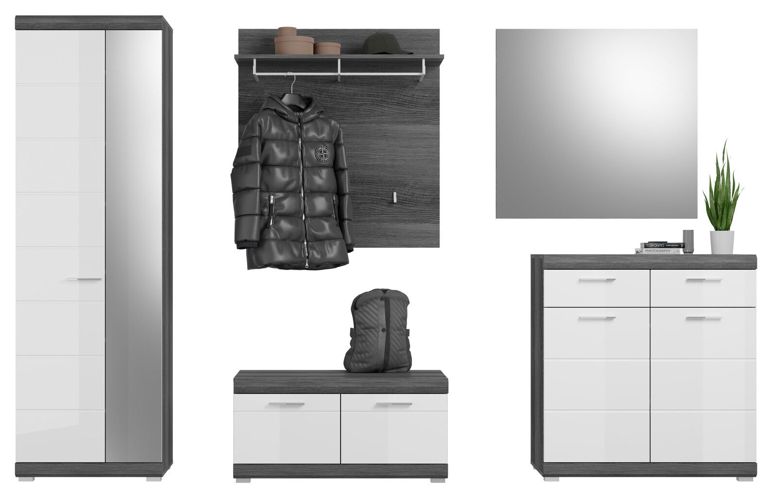 Garderoben-Set bestehend aus einem hohen Schrank mit Spiegel, einer Wandgarderobe mit Haken und Ablage, einem Schuhschrank, einem quadratischen Spiegel und einer Kommode. Perspektive: Frontalansicht.
