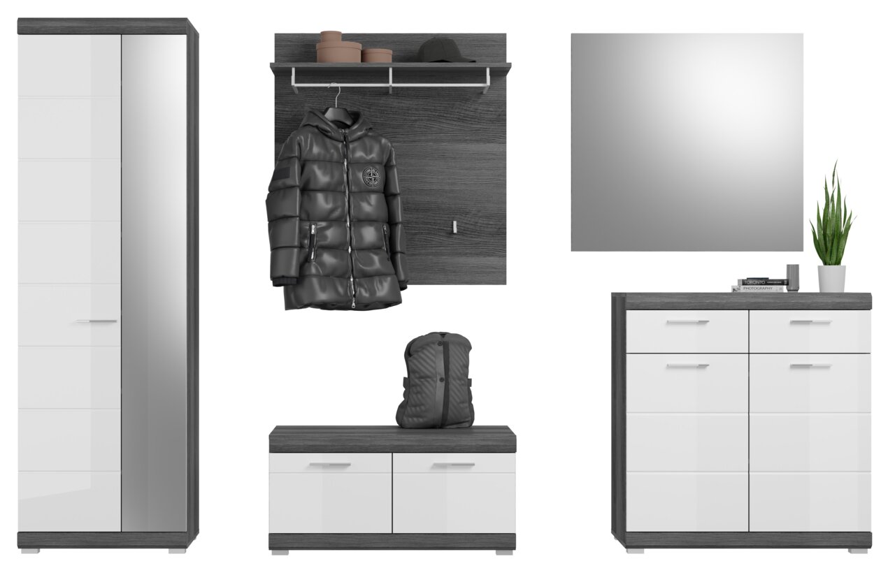 Garderoben-Set bestehend aus einem hohen Schrank mit Spiegel, einer Wandgarderobe mit Haken und Ablage, einem Schuhschrank, einem quadratischen Spiegel und einer Kommode. Perspektive: Frontalansicht.