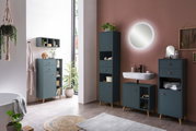 Modernes Highboard in einem stilvollen Badezimmer, frontal betrachtet, mit eleganten blauen Schränken und dekorativen Elementen.