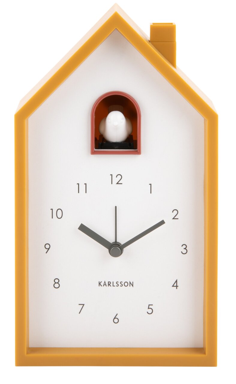 Moderner Wecker in Hausform mit gelbem Rahmen und Kuckucksvogel, Frontalansicht