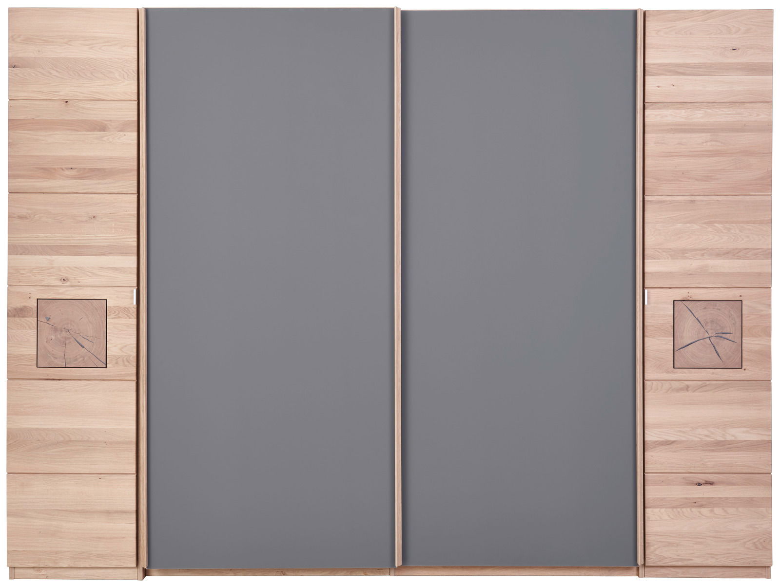 Schwebetürenschrank mit grauen Türen und Holzverkleidung, Frontalansicht